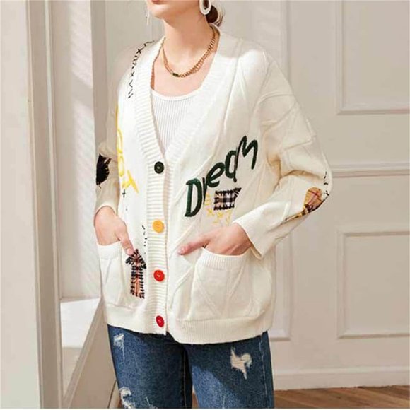 Women's Cute Cable Knit Open Front Kawaii Long Sleeve Button Embroidered Sweater - Picture 5 of 7